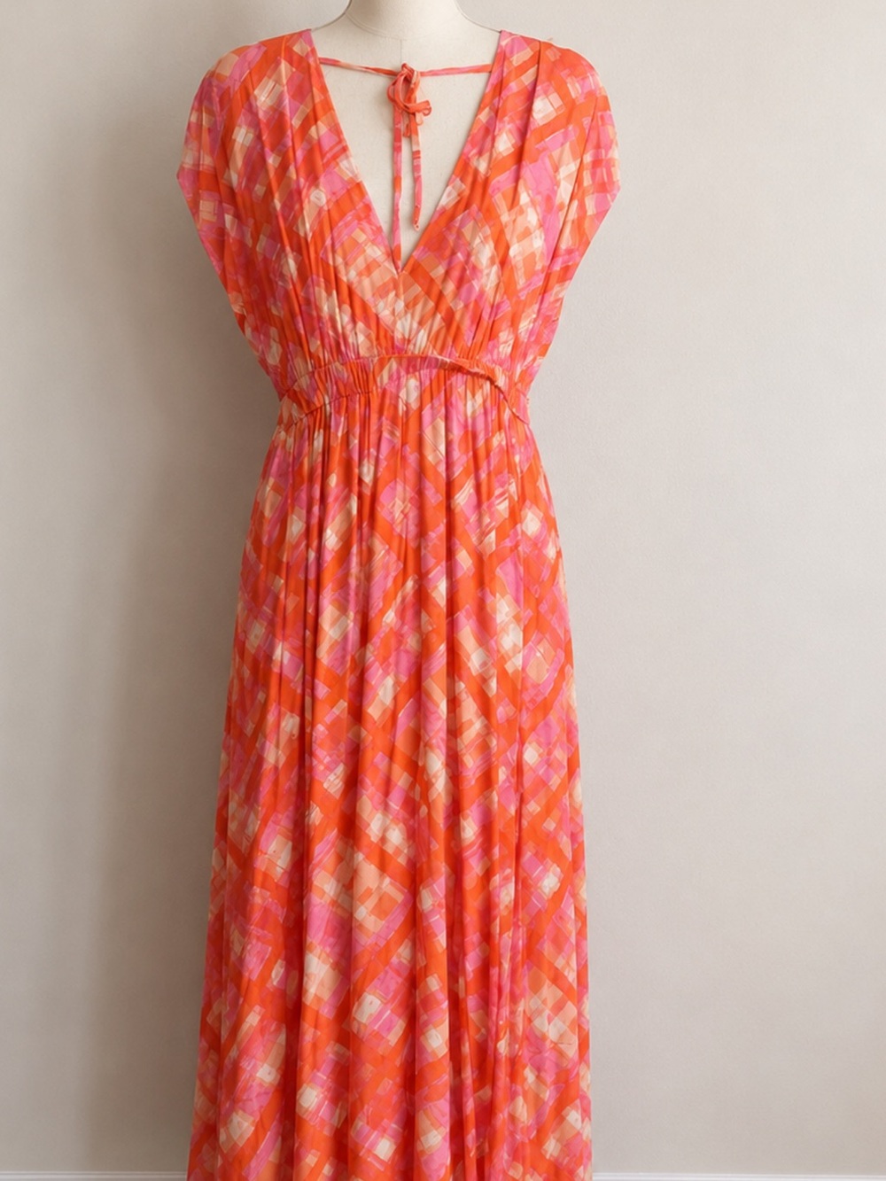 Summer V-Neck Pink & Orange Maxi Dress with Tie Back